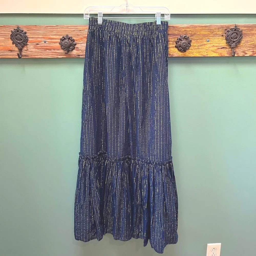 Boden Navy Gold‎ Metallic Pinstripe Tiered Maxi Skirt US 8 NWT Holiday Party